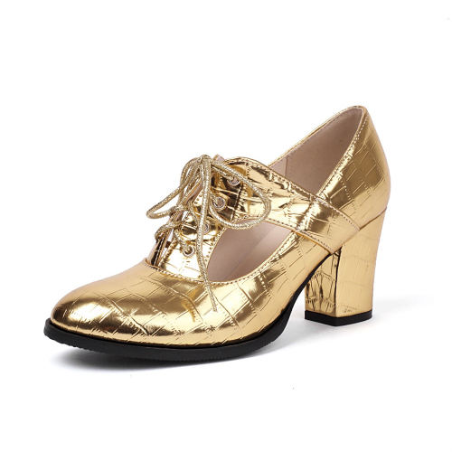 Golden Snake Printed Chunky Heel Hollow Out Loafer Pumps Lace Up Women's Shoes
