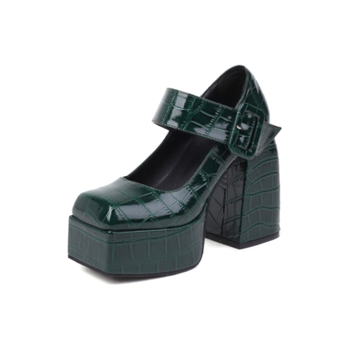 Grüne klobige Plattform Mary Janes Croc Prints Schnallen-Heels für Frauen