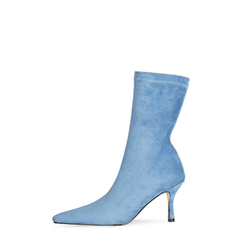 Blaue Mode-Wildleder-elastische Socken-Stiletto-Stiefeletten mit spitzen Zehenabsätzen