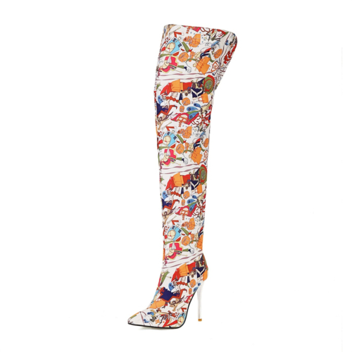 Graffiti-Art Overknee-Stiefel aus veganem Leder mit spitzer Zehenpartie und Stiletto-Absatz