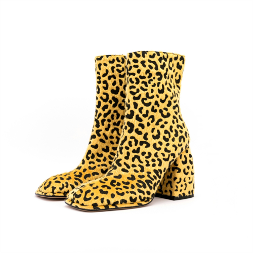 Gelbe Stiefel mit eckiger Zehe Leopardenmuster Rosshaar Reißverschluss Stiefeletten mit klobigem Absatz
