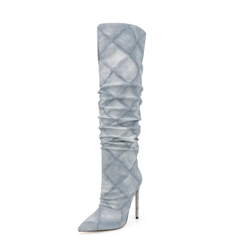 Hellblaue Deinm kniehohe Stiefel mit V-Schnitt, spitzer Zehenpartie und Stiletto-Absatz