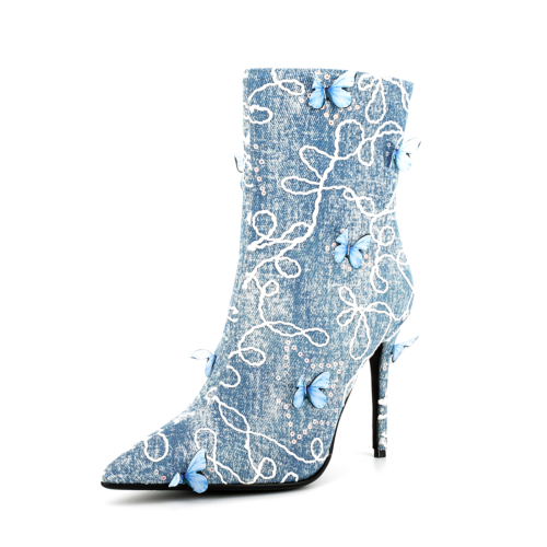 Hellblaue Denim-Pailletten-Stiefeletten Schmetterling Stiletto Dress Boots