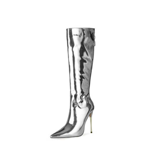 Silberner Spiegel, lange, kniehohe Stiefel, glänzende Stiefel mit Metallic-Stiletto-Absatz