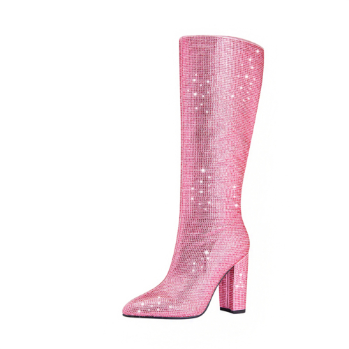 Kniehohe Stiefel mit rosa Strasssteinen und klobigem Absatz