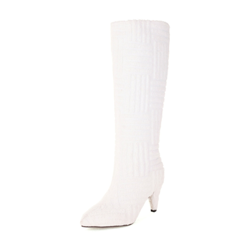 Weiße Pull-On-Strickstiefel, kegelförmiger High-Heels-Pullover, kniehohe Stiefel