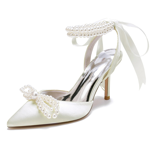 Ivory Satin Pearl Bow Pointed Toe Stiletto Heel Strappy Ankle Strap Wedding Sandals