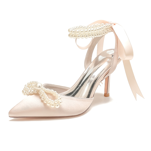 Champagne Satin Pearl Bow Pointed Toe Stiletto Heel Strappy Ankle Strap Wedding Sandals