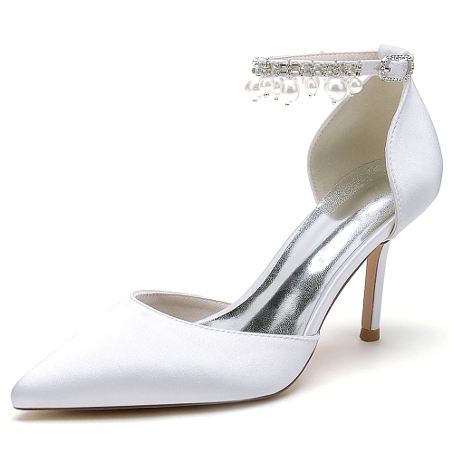 White Satin Pointed Toe Stiletto Heel Pearl Tassle Ankle Strap Pumps Wedding Shoes
