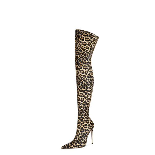 Sexy Stiefel mit Leopardenmuster, 12 cm hoher Absatz, oberschenkelhoher Stiefel