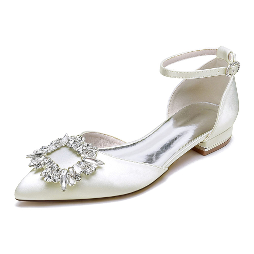 Ivory Square Rhinestone Buckle Pointed Toe Ankle Strap Wedding Bride's Flat