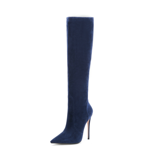 Blaue trendige kniehohe Stiefel mit spitzer Zehenpartie und Stilettos