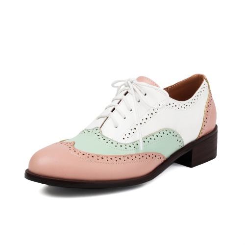 Pink and Green Women's Office Formal Shoes Round Toe Wingtip Oxford Shoes Flats