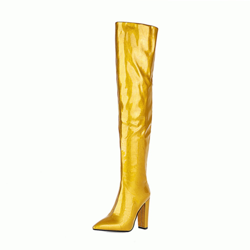 Goldene Overknee-Stiefel aus veganem Leder mit spitzer Zehenpartie und klobigem Absatz
