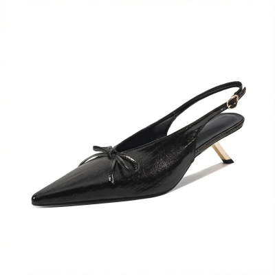 Women's Black Bow Pointed Toe Stiletto Heels Pumps Slingback Shoes