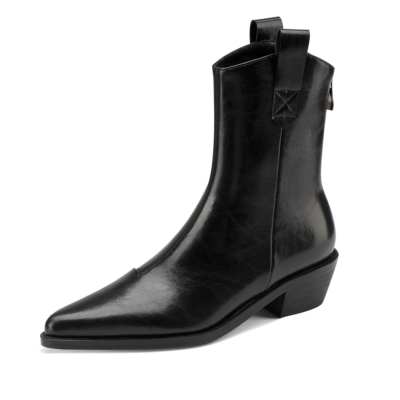 Schwarze, minimalistische Cowgirl-Stiefel aus Leder mit spitzer Zehenpartie und Reißverschluss
