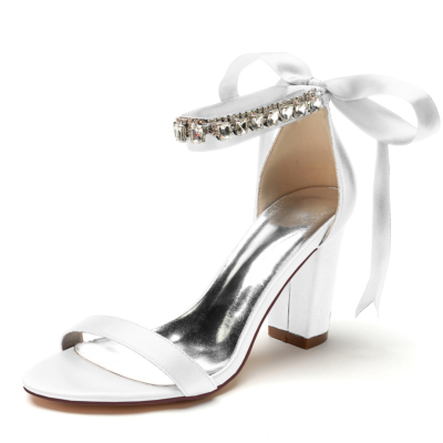 Weiße Open Toe Back Bow Hochzeitssandalen Strass Ankle Strap Heels Schuhe