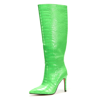 Neongrüne Stiefel mit Schlangenmuster und Stiletto-Absatz, kniehohe Stiefel für den Winter