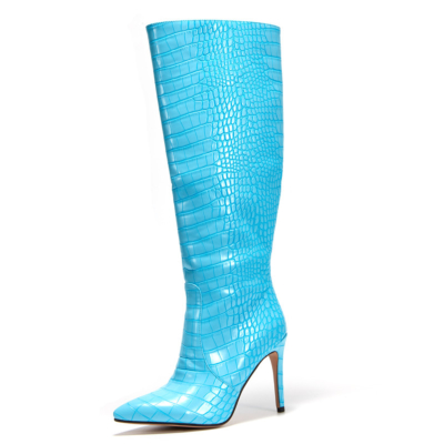 Neonblaue Stiefel mit Absatz Schlangenmuster Stilettos Kniehohe Stiefel für den Winter
