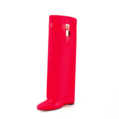 Rote Mandelzehen-Stiefel mit umklappbarem Keilabsatz und kniehohen Stiefeln mit Verschluss-Reißverschluss