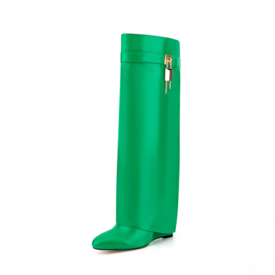 Grüne Mandelzehen-Stiefel mit umklappbarem Keilabsatz und kniehohen Stiefeln mit Verschluss-Reißverschluss