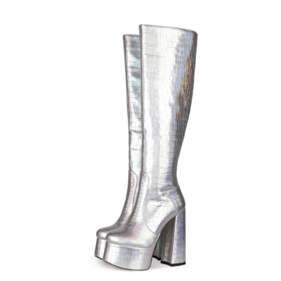 Silber Metallic Croc-Print Platform Tall Boots Kniehohe Stiefel