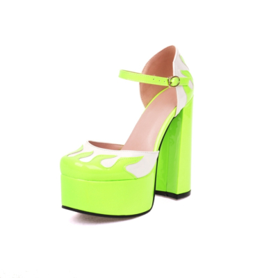 Neon-Limonengrüne Knöchelriemen-Plattform D'orsay Pumps Chunky High Heel Party-Sandalen