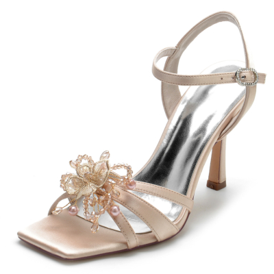 Champange Perlen und Spitzenblumen Open Toe Stiletto Ankle Strap Sandalen für Partys