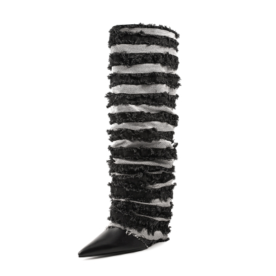 Schwarze Plissee-Stiefel aus Denim mit Keilabsatz und spitzer Zehenpartie, kniehohe Stiefel