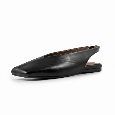 Schwarze Slingback-Schuhe aus Leder mit V-Ausschnitt, bequeme, breite flache Schuhe mit quadratischer Zehenpartie