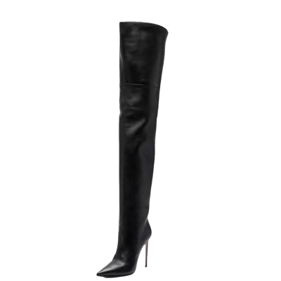 Schwarze Stiletto-Oberschenkelstiefel mit spitzer Zehenpartie, Overknee-Stiefel