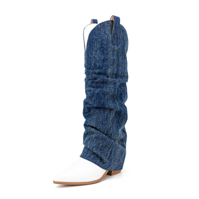 Blaue Denim-Slouch-Stiefel, umklappbare, kniehohe Cowboy-Stiefel mit klobigem Absatz