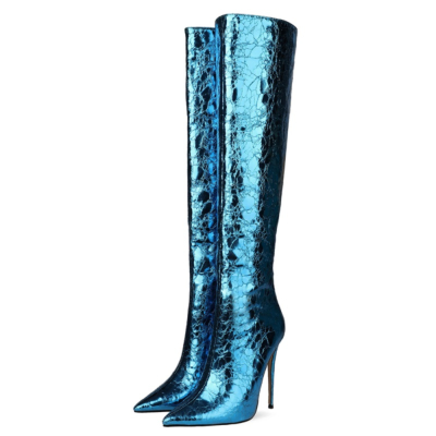 Blaue Spiegelstiefel Overknee-Stiefel mit hohem Absatz und Reißverschluss hinten