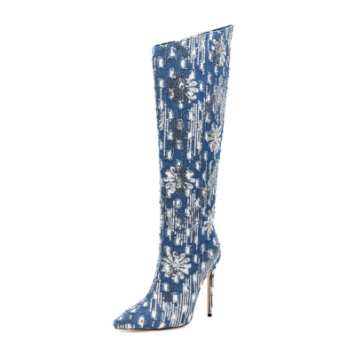 Blaue Retro-Jeansstiefel mit Pailletten und Blumenmuster, kniehohe Stiefel mit Stiletto-Absatz