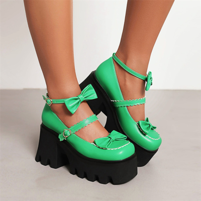 Green Bow Platform Mary Jane Schuhe Chunky Heels Pumps mit Drei-Riemen-Schnalle