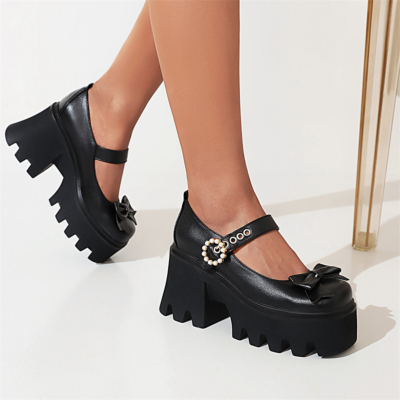 Bow Platform Mary Janes Chunky Heel Square Toe Pearl Buckle Gothic Pumps