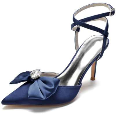 Marineblaue Slingback-Absätze mit Schleife und Satin-Stiletto-High-Heel-Schuhen mit geschlossener Zehenpartie
