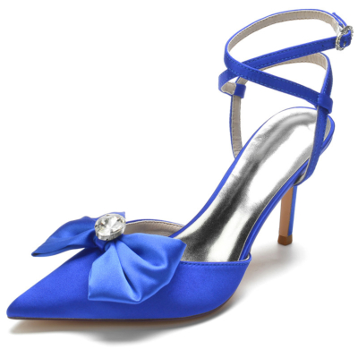 Königsblaue Schleifen-Slingback-Absätze, Satin-Stiletto-High-Heel-Schuhe mit geschlossener Zehenpartie