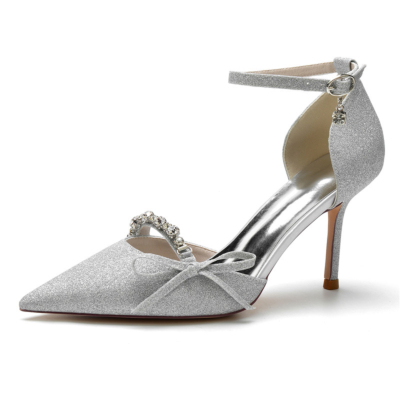 Silberner Braut-Glitter D'Orsay Pumps Heels Strass Schleife Pailletten Stiletto Schuhe