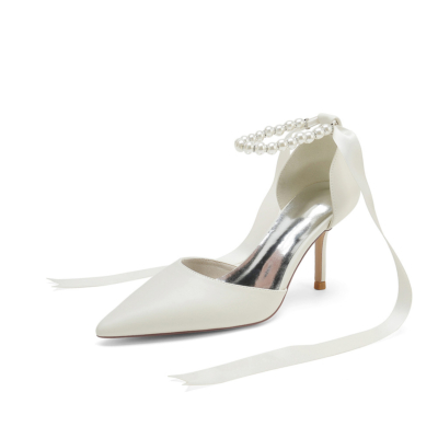 Beige Chic Pearl Ankle D'orsay Pumps Schuhe Solide Stiletto-Absätze mit Schnürung hinten