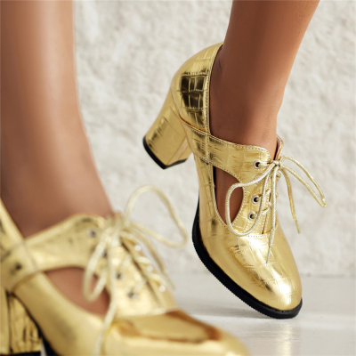 Goldene Pumps mit Schlangenmuster, klobigem Absatz und ausgehöhlten Loafer-Schnürschuhen für Damen