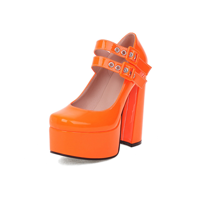 Neon Orange Chunky Heel Plateau Pumps Doppelriemen Y2K Mary Jane Schuhe