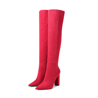 Rote Wildleder-Reißverschluss-weite Waden-lange Kleid-Stiefel mit Absatz