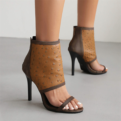 Braune, aushöhlende Stiletto-Sandalen mit Rückenreißverschluss und Musterschuhen für Damen