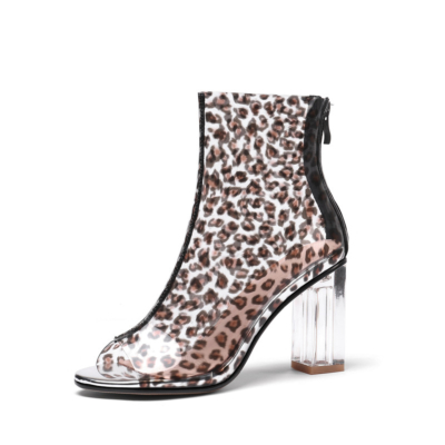 Klare Stiefeletten mit Leopardenmuster Peep Toe Zip Sandalen mit transparenten Blockabsätzen