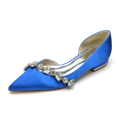 Königsblaue bequeme Satin-Flache Schuhe ausgeschnittene D'Orsay-Flache Schuhe mit Strasssteinen