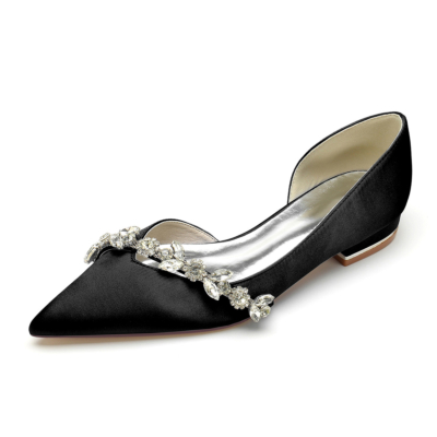 Schwarze, bequeme, flache D'Orsay-Schuhe aus Satin mit ausgeschnittenen Schuhen und Strasssteinen