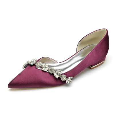 Burgund Bequeme Satin-Flache Schuhe Ausgeschnittene D'Orsay-Flache Schuhe mit Strasssteinen