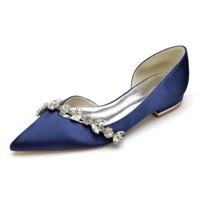 Marineblaue, bequeme, flache D'Orsay-Schuhe aus Satin mit ausgeschnittenen Schuhen und Strasssteinen