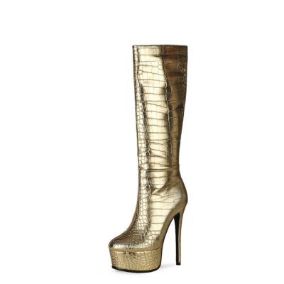 Goldene kniehohe Stiefel mit Krokodillederprägung und Metallic-Plateaustiefeletten